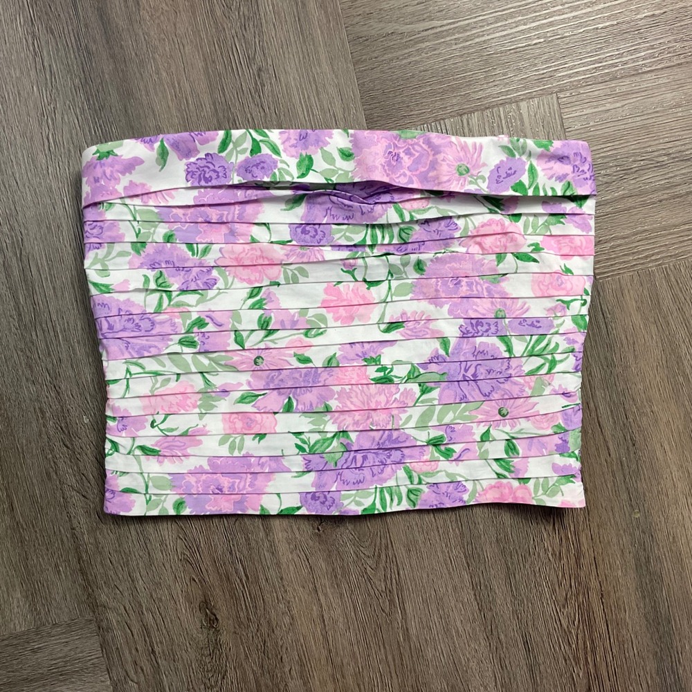 WAYF Floral Pleated Strapless Coquette Boho Tube Top Womens Small Purple Pink